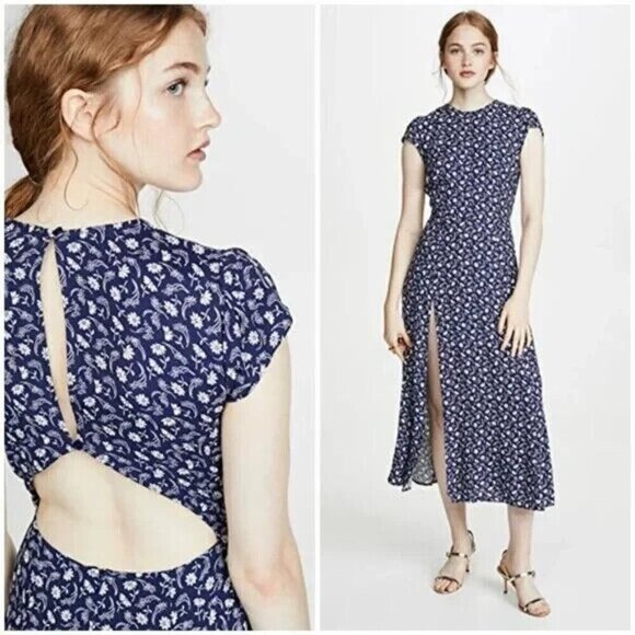 REFORMATION Gavin Navy Floral Midi Dress Open Back Cap Sleeve Size 12 - Picture 1 of 12